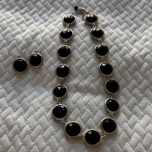 Black Stone Silver-Tone Necklace and Earring Set